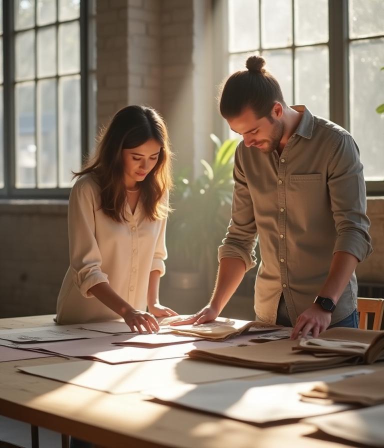 Loom and Leaf founders in their London textile studio surrounded by fabric swatches