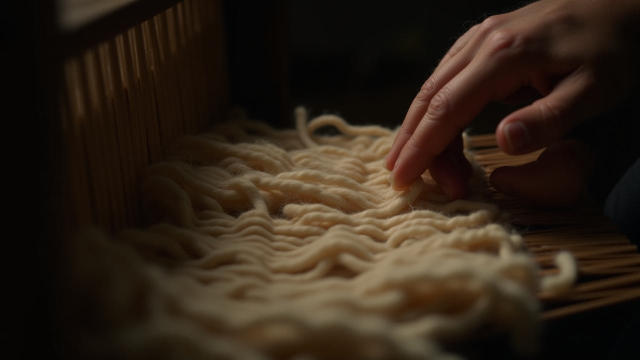Close-up of artisan hands weaving natural fibers on a traditional wooden loom