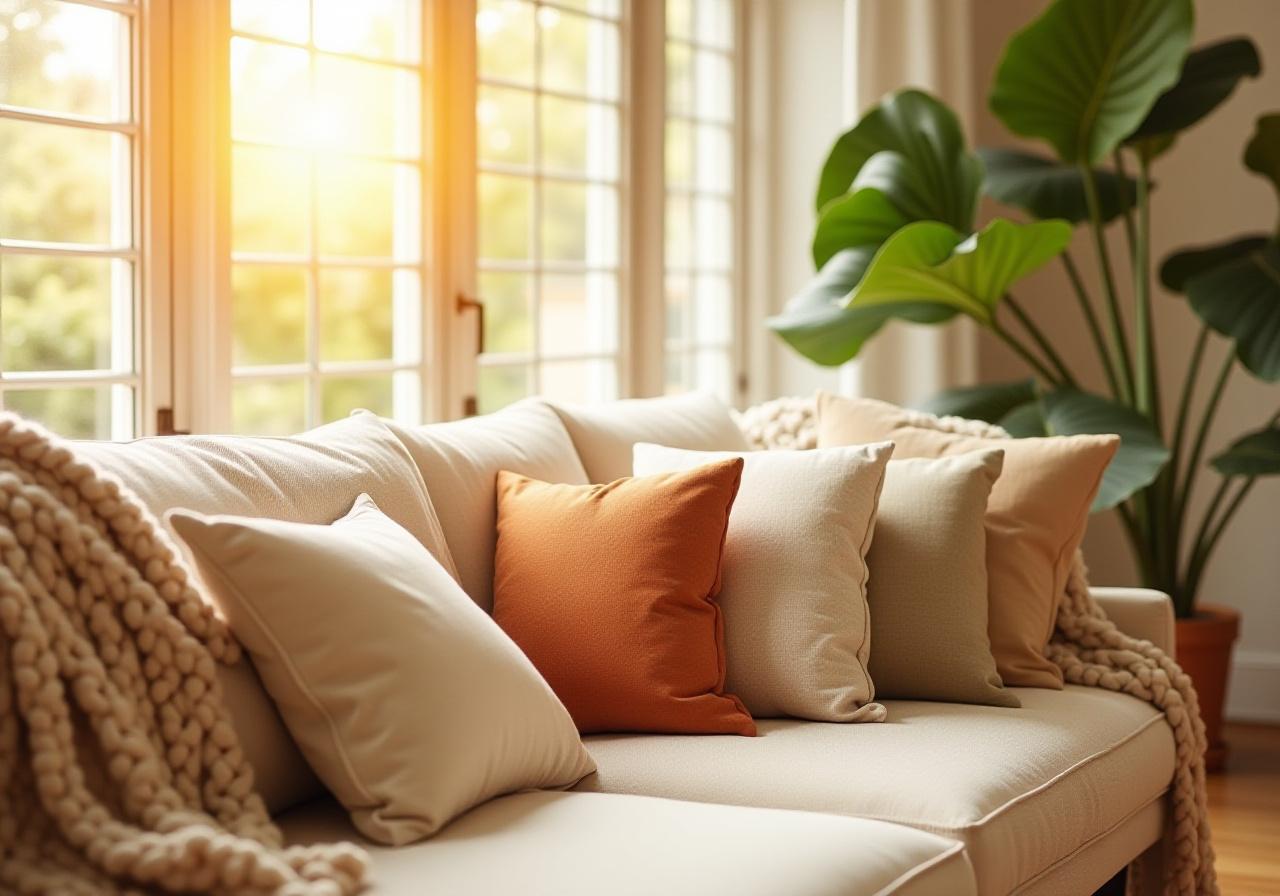 Bright, airy London living room styled with organic linen cushions and a recycled wool throw