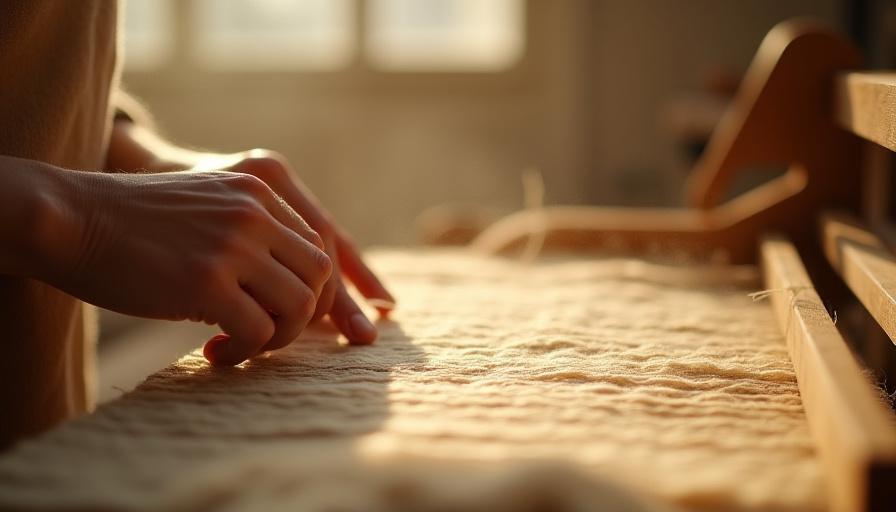 Artisan working on a loom in a London studio, illustrating the craftsmanship behind Loom & Leaf products