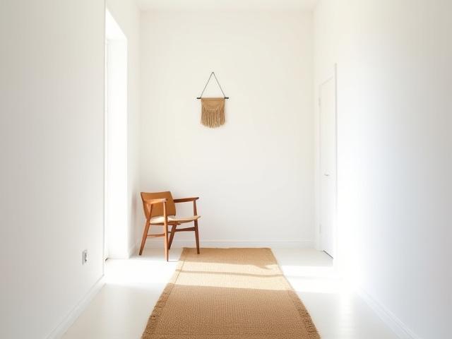 Bright hallway features with a durable woven runner and wall hangings
